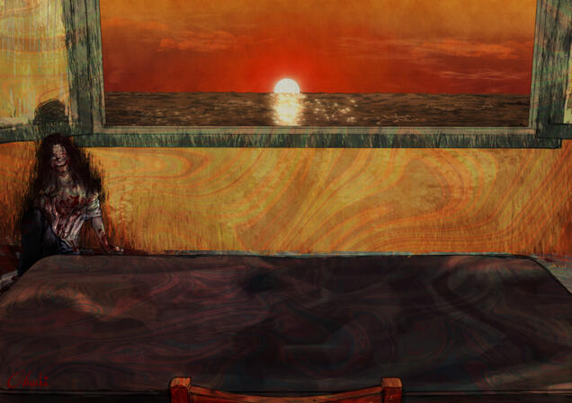 Window opening to the sea - inspired by Van Gogh&#39;s &quot;Window in the Studio&quot;, an experimentation in creating unsettling atmosphere